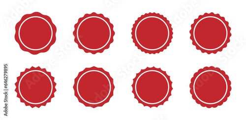 Red circle seal stamp icons. Vintage wavy edge circle sticker. Star burst shape tags. Blank sale round sticker. Simple circle red wax seal. Vector illustrations set isolated on white background.