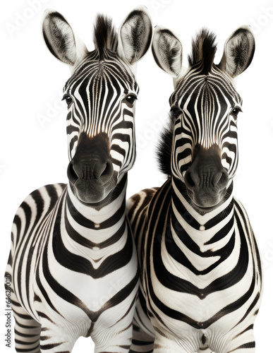 Closeup portrait of two zebras standing next to each other isolated on a white background as transparent PNG
