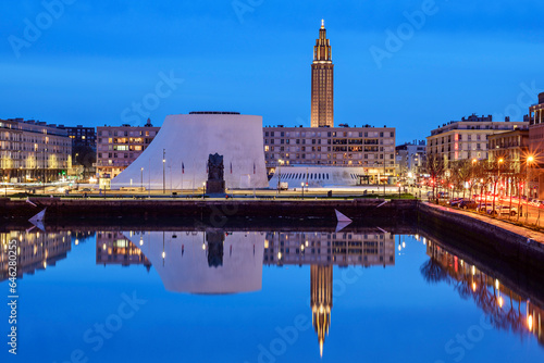 City with Le Havre concert hall near sea at night photo