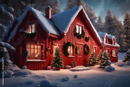 3D scene of a red wooden house in Sweden during the holiday season. Highlight a beautifully decorated exterior with colorful Christmas lights, wreaths, and a snow-covered garden.