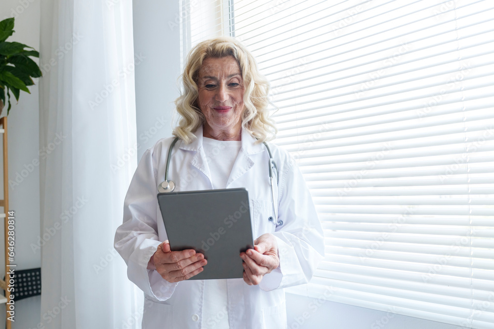 Smiling senior doctor using tablet PC near window in clinic Smiling senior doctor using tablet PC near window in clinic