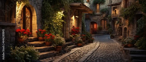 Winding narrow stone street of an old fabulous beauty