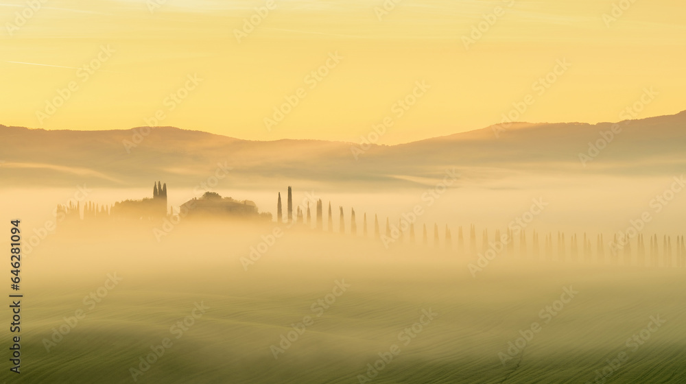 House surrounded by cypress trees among the misty morning sun-drenched hills of the Val d'Orcia valley at sunrise in San Quirico d'Orcia, Tuscany, Italy