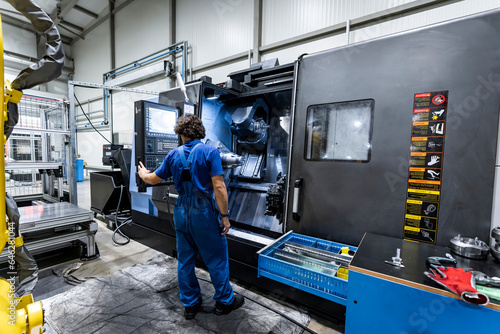 Technician operating cnc machinery in metal industry photo