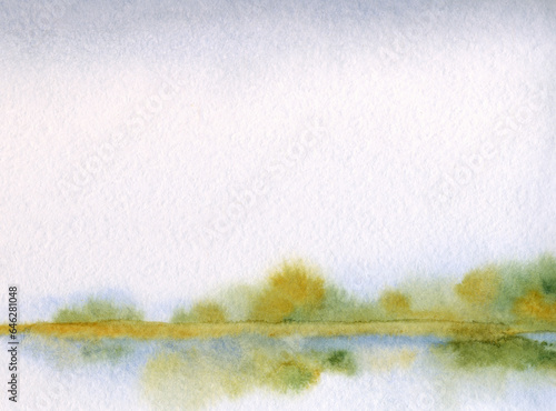 Watercolor landscape. Trees by the lake