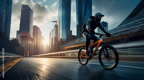 A cyclist in a helmet rides on the road against the background of a modern city. © Vadim