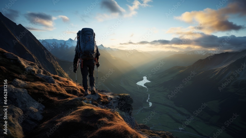 Climber with rucksack unwinding on best of a mountain and getting a charge out of valley see amid dawn