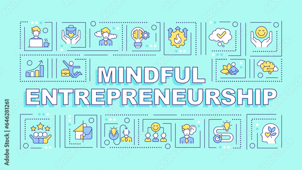 Fototapeta premium Mindful entrepreneurship text with various thin line icons concept on blue monochromatic background, editable 2D vector illustration.