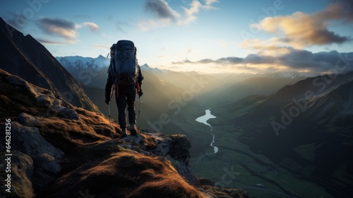 Climber with rucksack unwinding on best of a mountain and getting a charge out of valley see amid dawn © Faiq