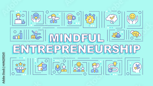 Mindful entrepreneurship text with various thin line icons concept on blue monochromatic background, editable 2D vector illustration.