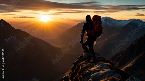Climber with rucksack unwinding on best of a mountain and getting a charge out of valley see amid dawn