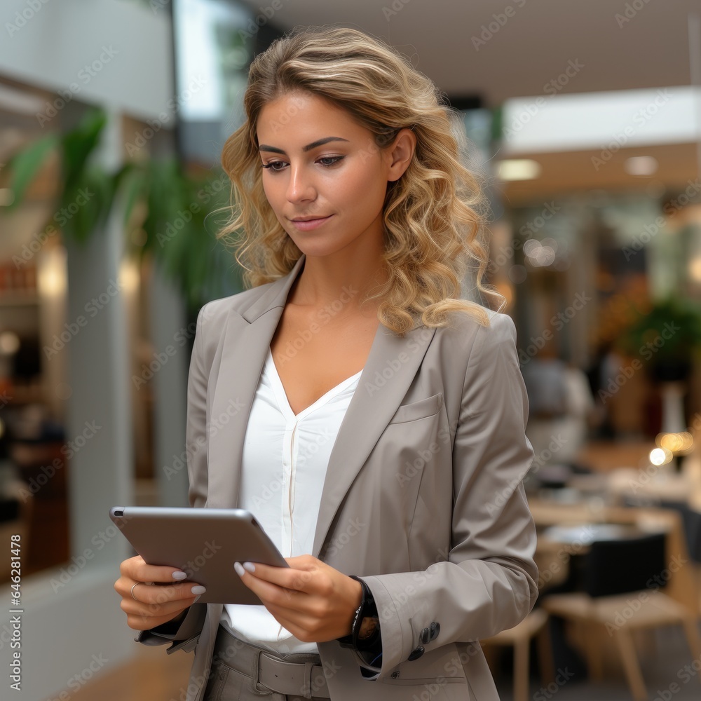 Young blonde woman in official office suit stands looking at pad she holds in hands on background of business or shopping centre. 