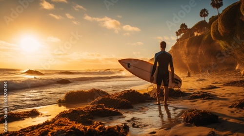 Youthful surfer with board on the shoreline © Faiq