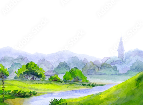 Watercolor illustration. City by the lake