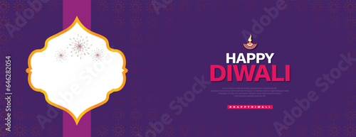 happy Diwali festival banner or poster purple color background with pattern and lamp