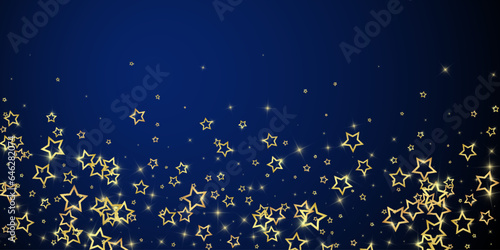 Twinkle stars scattered around randomly, flying, falling down, floating.  Christmas celebration concept. Festive stars vector illustration on dark blue background.