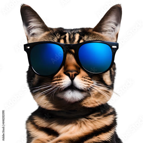 Close up of a tabby cat wearing sunglasses. Transparent background.