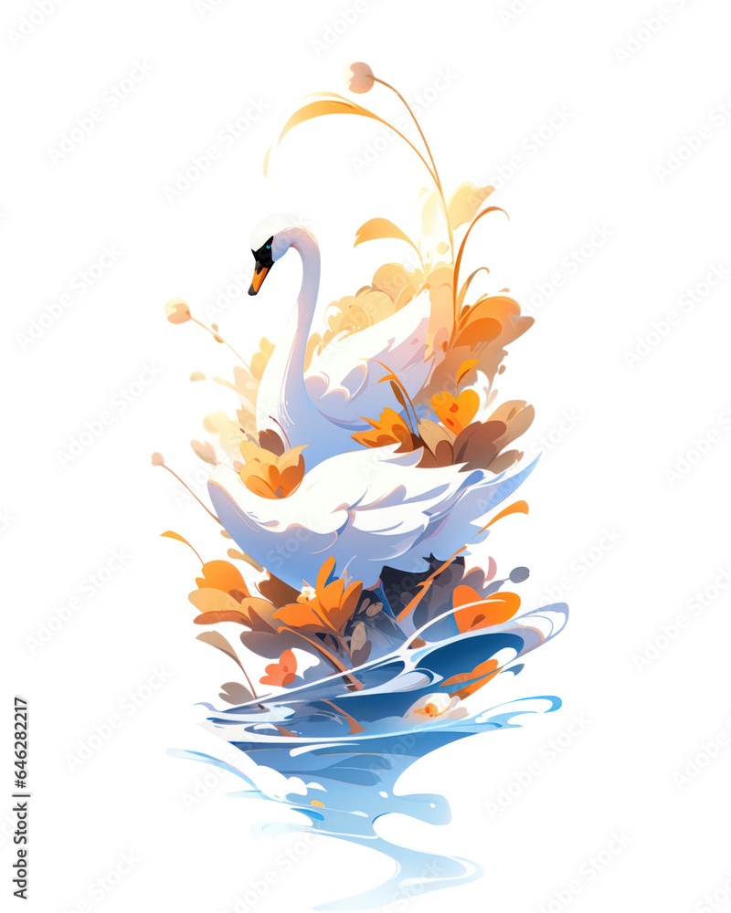 Swan with autumn leaves on a white background. Vector illustration