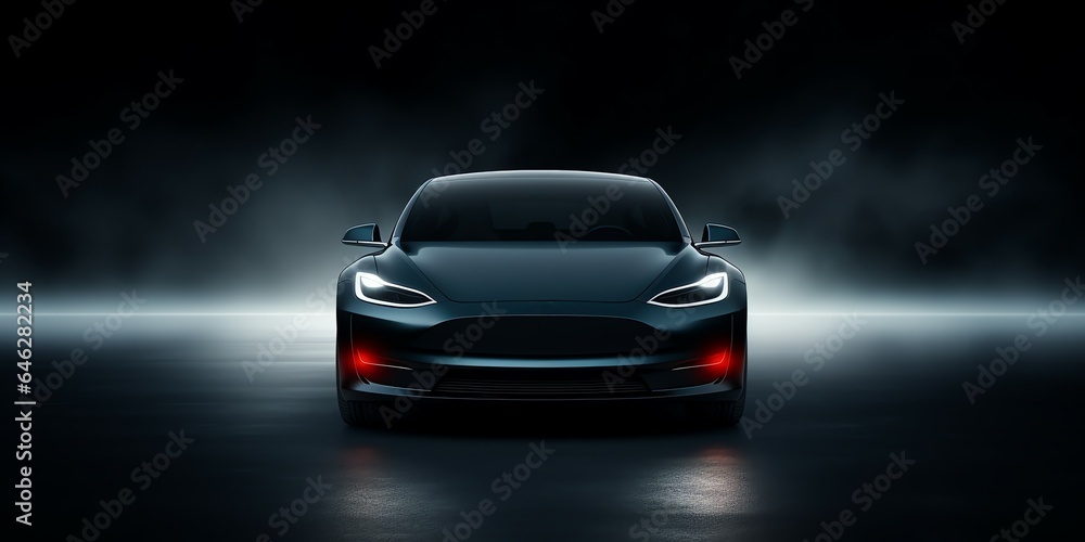A luxury electric car with a dark appearance