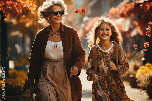 Happy grandmother and granddaughter walk in a park against the backdrop of city streets