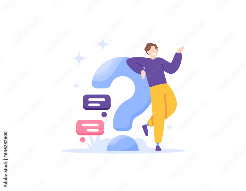 user help center service. frequently asked questions or FAQs. QnA or questions and answers. chat and investigation. introgrative. people with big question marks. illustration concept design. vector