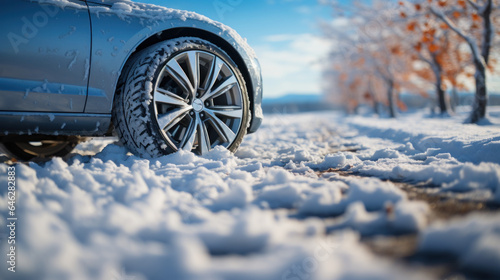 Car wheel close-up on the snow. Winter tires in the snow. Generative AI