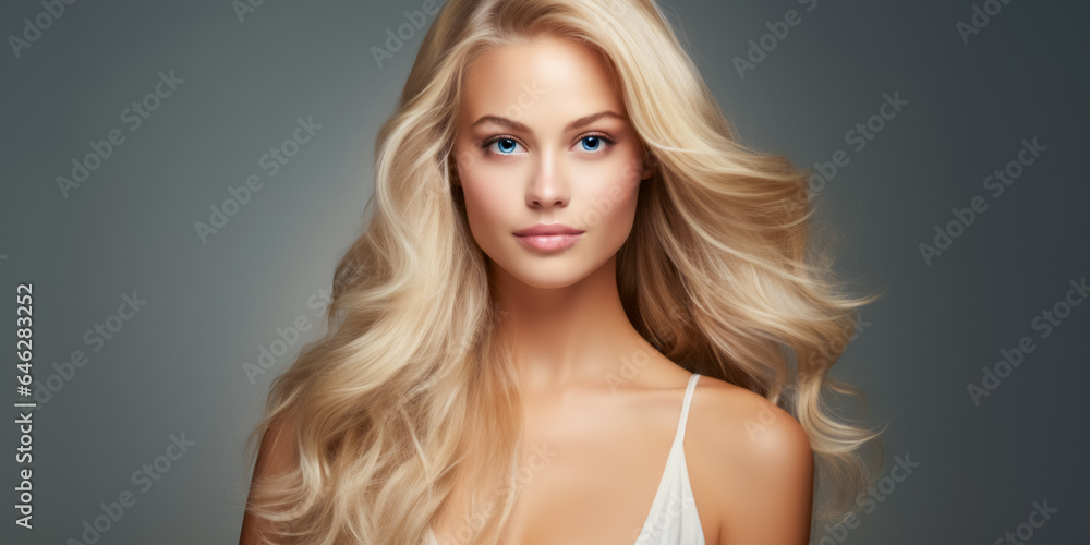 Beautiful young woman with healthy wavy long blonde hair. Hair Style, hair dye, hair care Beautiful young woman with healthy wavy long blonde hair. Hair Style, hair dye, hair care