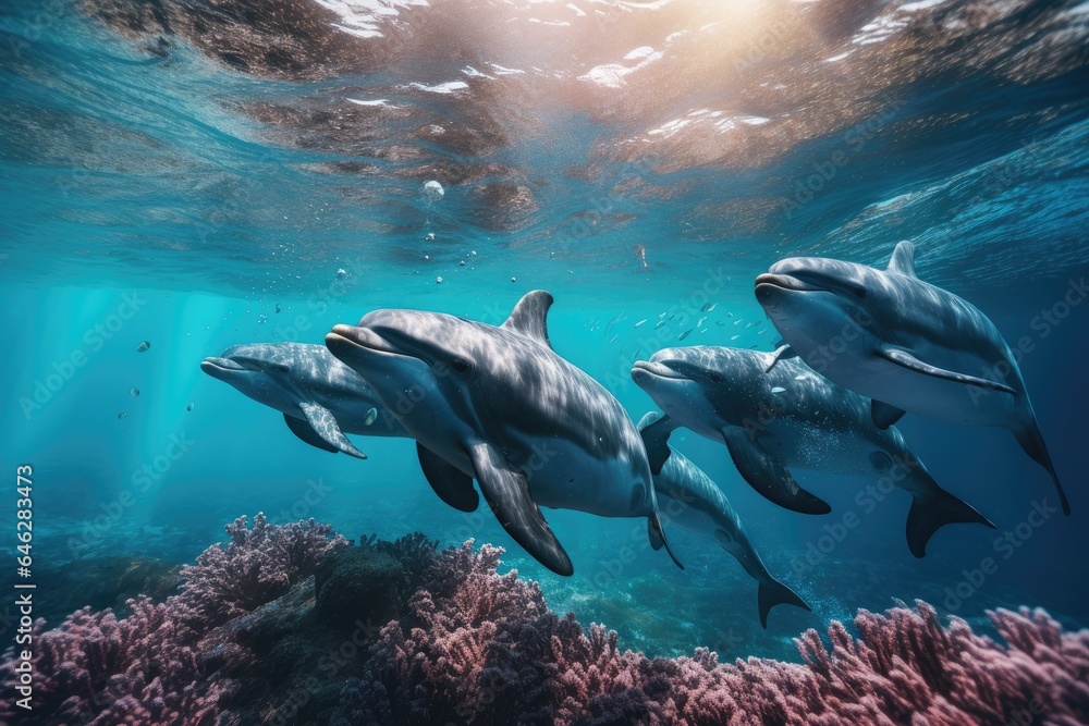 Flock of dolphins swims underwater