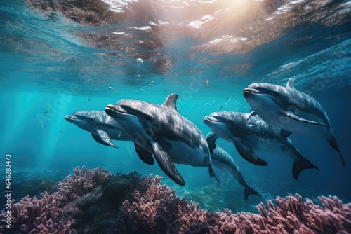 Fototapeta Flock of dolphins swims underwater