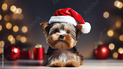 Cute Yorkshire Terrier wearing a Santa Claus hat. Dog in a Christmas setting. Generative AI