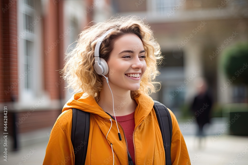 a young smiling woman standing outdoors on a sidewalk looking to the side with headphones listening to music