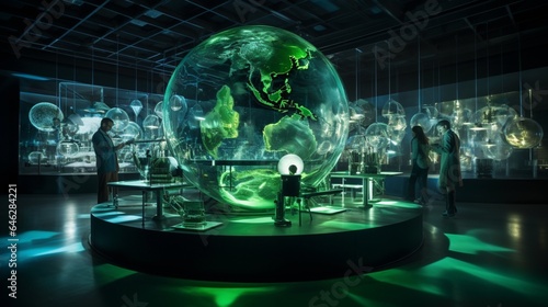 Capture a stunning image of a glass globe set within a state-of-the-art green laboratory, with scientists conducting experiments on innovative energy solutions