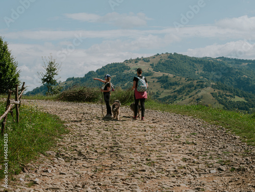 Family walk in Zakarpattya village Carpathian mountains view Ukraine Europe Scenic landscape green trees pets sunny day. Eco Local countryside tourism. Mother and daughter with dogs hiking Cottagecore