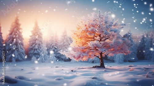 Mysterious landscape majestic mountains in winter. Magical snow covered tree. Photo greeting card. Bokeh light effect, soft filter. © Lucky Ai