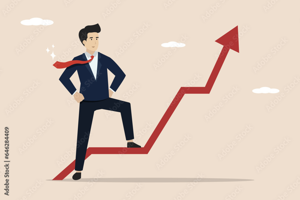 Business growth, increase in sales, investment or profit growth, development concept, confident businessman standing with rising graph. Illustration of a successful businessman. Business growth, increase in sales, investment or profit growth, development concept, confident businessman standing with rising graph. Illustration of a successful businessman.