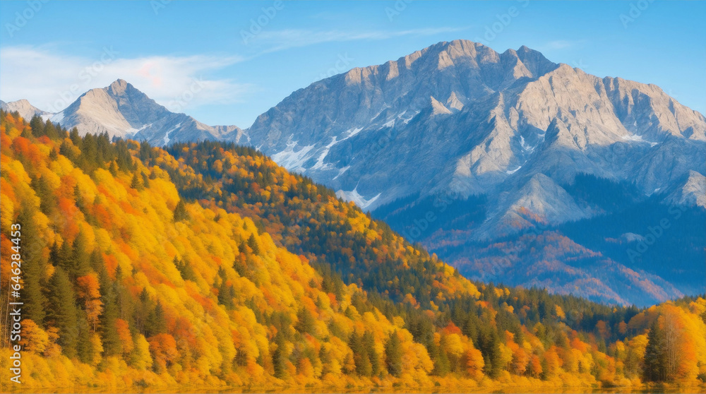 Autumn forest scenery with mountains