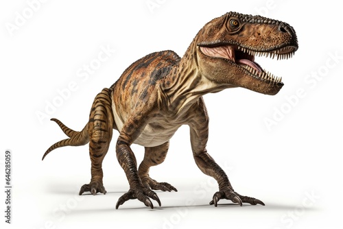 Allosaurus walking towards viewer on white background. Generative AI © Anais