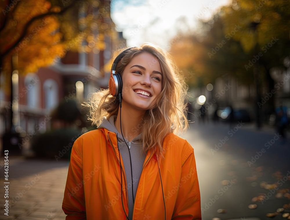 a smiling woman standing outdoors on a sidewalk with headphones listening to music a smiling woman standing outdoors on a sidewalk with headphones listening to music