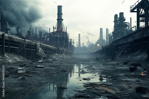 A bleak industrial facility in a polluted, post-apocalyptic world. Generative AI