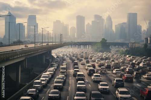 Traffic-clogged highway with a skyline and bridge backdrop; cars tightly packed in the middle. Generative AI