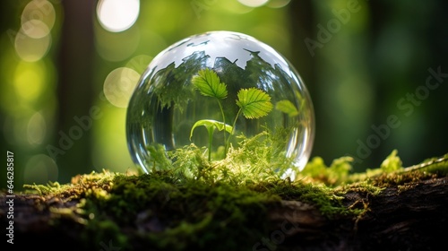 Capture a stunning photograph of a glass globe enveloped in a biodegradable bubble, signifying the fragility and importance of our planet in the context of green energy