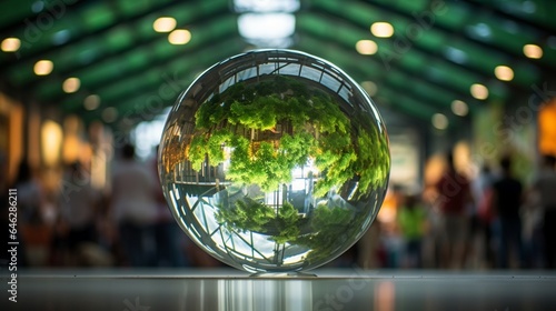 Capture a stunning photograph of a glass globe in the heart of a bustling green energy expo, where scientists and innovators gather to shape the future