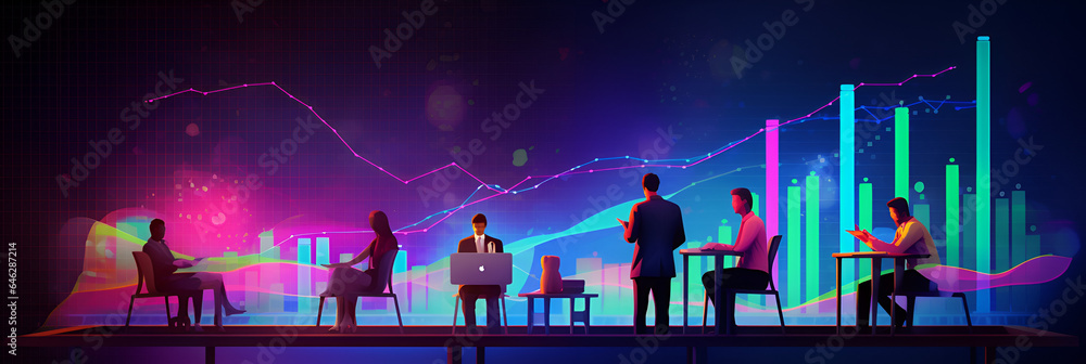 Business investment and financing, business people working together to collaborate and evaluate data from social network sites, company development goals, and economic graph growth charts. Neon effect