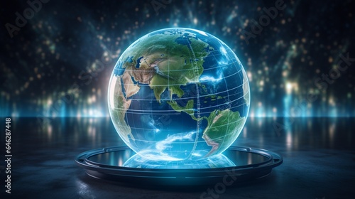 Capture a stunning picture of a glass globe surrounded by a holographic representation of Earth  with renewable energy installations superimposed on continents  emphasizing global clean energy solutio