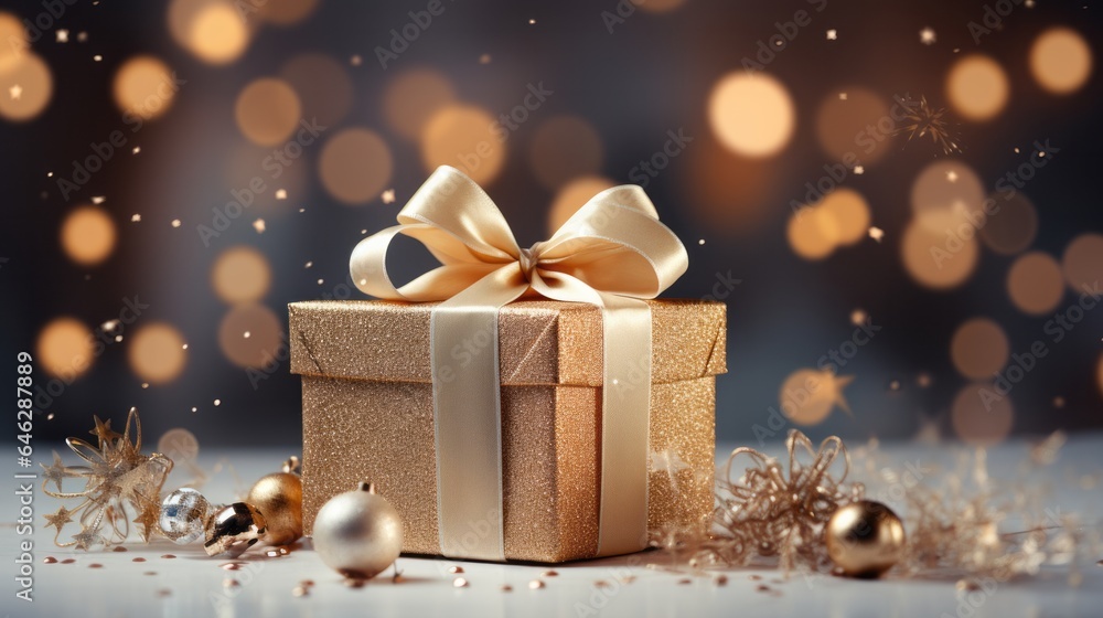 Photo of a luxurious gold gift box with an elegant ribbon and bow created with Generative AI technology Photo of a luxurious gold gift box with an elegant ribbon and bow created with Generative AI technology