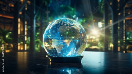Capture a stunning picture of a glass globe surrounded by a holographic representation of Earth, with renewable energy installations superimposed on continents, emphasizing global clean energy solutio