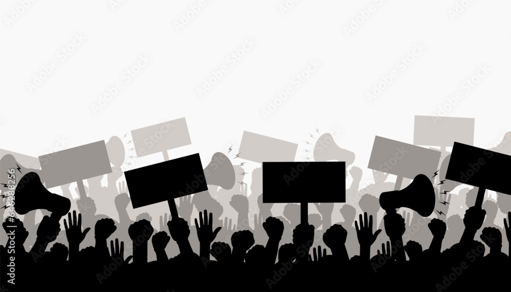 Obraz premium Silhouette of protesting crowd of people with raised hands and banners.