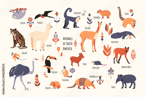 Set of South American animals with floral elements and captions. Simple vector style, beige colors.