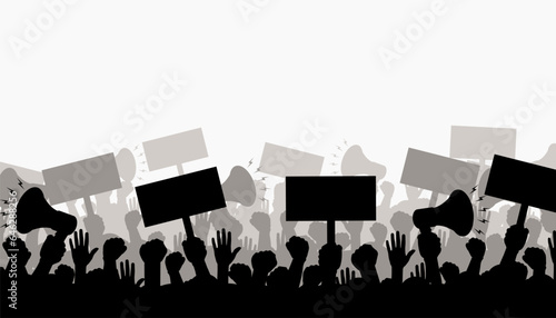 Silhouette of protesting crowd of people with raised hands and banners.