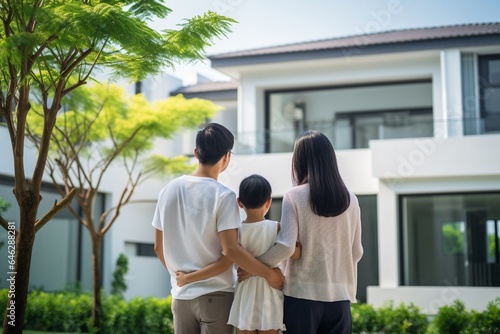 Back view of Asian family standing in front of their new house